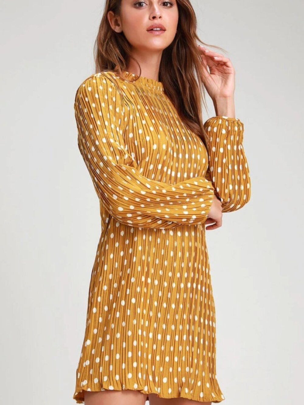 Lulus Pleat to Meet You Mustard Polka Dot Long Sleeve Shift Retro Dress Sz M